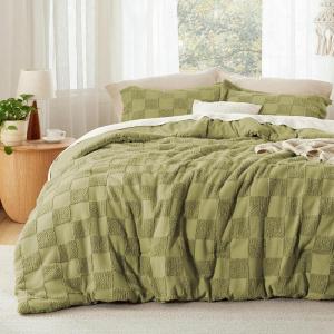 imageBedsure Queen Size Comforter Set Beige Boho Tufted Bed Set Checkered Farmhouse Shabby Chic Bedding 3 Pieces 1 Plaid Geometric Comforter and 2 Pillow Shams07  Olive Green  Tufted Checkboard