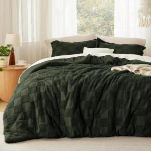 imageBedsure Queen Size Comforter Set Beige Boho Tufted Bed Set Checkered Farmhouse Shabby Chic Bedding 3 Pieces 1 Plaid Geometric Comforter and 2 Pillow Shams05  Dark Olive Green  Tufted Checkboard