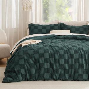 imageBedsure Queen Size Comforter Set Beige Boho Tufted Bed Set Checkered Farmhouse Shabby Chic Bedding 3 Pieces 1 Plaid Geometric Comforter and 2 Pillow Shams08  Emerald  Tufted Checkboard
