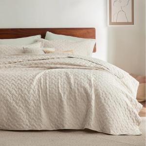 imageBedsure Quilts Queen Size  Grey Bedspreads Queen Size with Basket Weave Pattern Soft Quilt Bedding Lightweight Comforter Coverlet for All Seasons 90quot x 96quot08  Beige