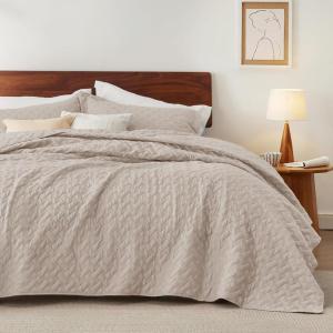 imageBedsure Quilts Queen Size  Grey Bedspreads Queen Size with Basket Weave Pattern Soft Quilt Bedding Lightweight Comforter Coverlet for All Seasons 90quot x 96quot12  Light Beige