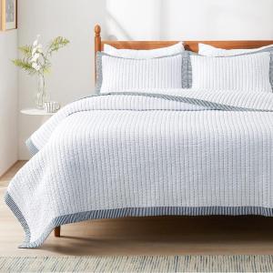 imageBedsure Quilts Queen Size  Queen Quilt Bedding Set Bedspread Coverlet Comforter Lightweight Corduroy Pattern Bedspread 3Piece Set with 90quotx96quot Coverlet ampamp 2 Pillow Shams AllSeason Soft Microfiber05  White Blue Stitching  Striped Borders