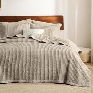 imageBedsure Quilts Queen Size  Queen Quilt Bedding Set Bedspread Coverlet Comforter Lightweight Corduroy Pattern Bedspread 3Piece Set with 90quotx96quot Coverlet ampamp 2 Pillow Shams AllSeason Soft Microfiber04  Taupe