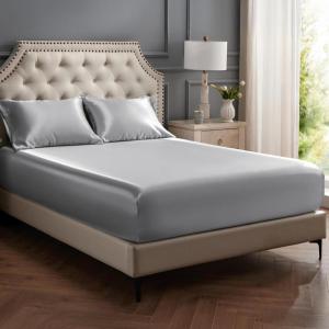 imageBedsure Satin Fitted Sheet Only Queen Size  Silk Bed Sheet Luxury ampamp Ultra Soft NonFading ampamp Wrinkle Free Good for Skin Silver Grey 60x8015 Inches 1 Piece No Pillowcases05  Silver Grey