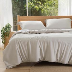 imageBedsure Silky Cooling Duvet Cover Queen Size  Lightweight 100 Rayon Derived from Bamboo Comforter Cover Set for Hot Sleepers Breathable ampamp MoistureWicking Bedding Set Pure WhiteLinen No Comforter