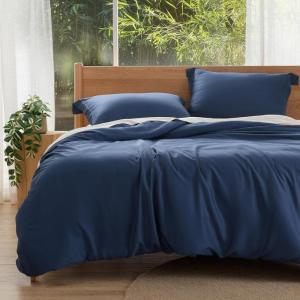 imageBedsure Silky Cooling Duvet Cover Queen Size  Lightweight 100 Rayon Derived from Bamboo Comforter Cover Set for Hot Sleepers Breathable ampamp MoistureWicking Bedding Set Pure WhiteNavy Blue No Comforter