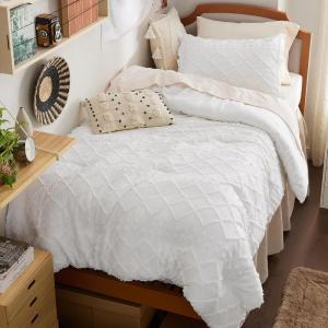 imageBedsure Twin XL Comforter Set  White Comforter Boho Tufted Shabby Chic Bedding for Kids 2 Pieces Vintage Farmhouse Bed Set for All Seasons Fluffy Soft Bedding with 1 Pillow Sham01  White