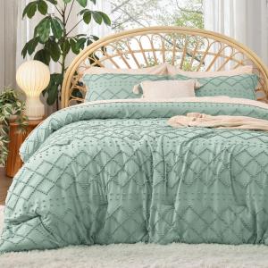 imageBedsure Twin XL Comforter Set  White Comforter Boho Tufted Shabby Chic Bedding for Kids 2 Pieces Vintage Farmhouse Bed Set for All Seasons Fluffy Soft Bedding with 1 Pillow Sham19  Sage Green