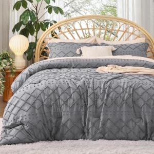 imageBedsure Twin XL Comforter Set  White Comforter Boho Tufted Shabby Chic Bedding for Kids 2 Pieces Vintage Farmhouse Bed Set for All Seasons Fluffy Soft Bedding with 1 Pillow Sham08  Grey