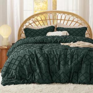 imageBedsure Twin XL Comforter Set  White Comforter Boho Tufted Shabby Chic Bedding for Kids 2 Pieces Vintage Farmhouse Bed Set for All Seasons Fluffy Soft Bedding with 1 Pillow Sham09  Forest Green