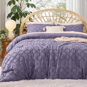 imageBedsure Twin XL Comforter Set  White Comforter Boho Tufted Shabby Chic Bedding for Kids 2 Pieces Vintage Farmhouse Bed Set for All Seasons Fluffy Soft Bedding with 1 Pillow Sham16  Grayish Purple