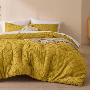 imageBedsure Twin XL Comforter Set  White Comforter Boho Tufted Shabby Chic Bedding for Kids 2 Pieces Vintage Farmhouse Bed Set for All Seasons Fluffy Soft Bedding with 1 Pillow Sham25  Mustard Yellow