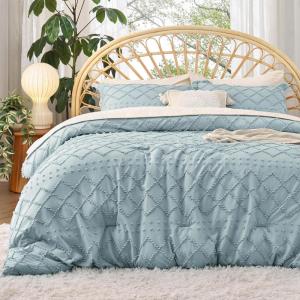 imageBedsure Twin XL Comforter Set  White Comforter Boho Tufted Shabby Chic Bedding for Kids 2 Pieces Vintage Farmhouse Bed Set for All Seasons Fluffy Soft Bedding with 1 Pillow Sham12  Dusty Blue