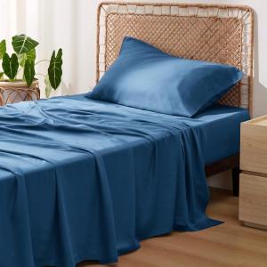 imageBedsure Twin XL Sheet Set Dorm Bedding Cooling Sheets Twin Extra Long Sheets Rayon Derived from Bamboo Deep Pocket Up to 16quot Hotel Luxury Silky Bedding Sheets ampamp Pillowcases Dark Grey06  Peacock Blue