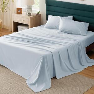 imageBedsure 100 Cotton Percale Sheets Queen Size Queen Sheet Set with Deep Pocket Up to 16 Inches Breathable ampamp Crirsp Soft Bedsheet ampamp Pillowcase Sets 4 Pieces White07  Sky Blue