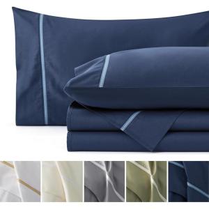 imageBedsure 100 Cotton Sheets King Size Set  500 Thread Count Cotton Sateen Bedsheets Luxury Hotel Quality Soft ampamp Breathable Bedsheets 16quot Deep Pocket 4Piece Include King Flat Sheet IvoryNavy