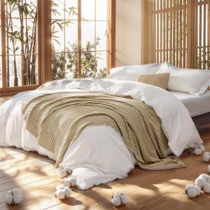 imageBedsure 5 PCS Cotton Comforter Set with Waffle Throw Blanket  Breathable Bedding Set for All Seasons Olive Green Queen Comforter Pillow Shams Beige 100 Cotton Blanket Throw Pillow07  White