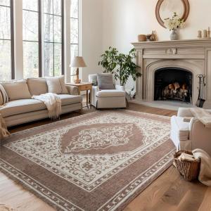 imageBedsure 5x7 Area Rugs for Living Room Machine Washable Rugs NonSlip Backing NonShedding Vintage Low Pile Easy Care Throw Carpet for Bedroom Dining Room Grey04  Brown