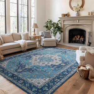 imageBedsure 5x7 Area Rugs for Living Room Machine Washable Rugs NonSlip Backing NonShedding Vintage Low Pile Easy Care Throw Carpet for Bedroom Dining Room Grey01  Blue