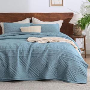 imageBedsure Boho Quilt King Size  Lightweight Bedspread King Size with Geometric Stitched Pattern White Farmhouse Soft Bedding Set Coverlet with 2 Pillow Shams for All Seasons 106x96 inches05  Dusty Blue