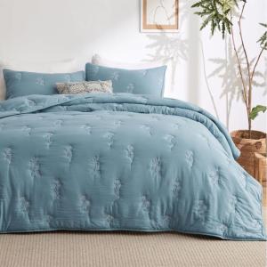 imageBedsure Botanical Floral Quilt Queen Size for Modern Farmhouse Decor Luxurious Summer Bedding Set Super Soft Bedspread Queen Size Lightweight Comforter with 2 Pillow Shams Blue 90x96 InchBlue
