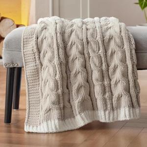 imageBedsure Cable Knit Throw Blanket for Couch Bed  Breathable Chenille Chunky Knit Throw Blanket for Decorative Gift GentleSoft Cozy and Warm for Winter and All Seasons Beige 50x60 Inches01  Beige