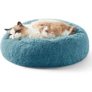 imageBedsure Calming Cat Beds for Indoor Cats  Small Cat Bed Washable 20 inches AntiSlip Round Fluffy Plush Faux Fur Pet Bed Fits up to 15 lbs Pets Aqua BlueWashed Blue