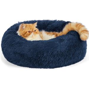 imageBedsure Calming Cat Beds for Indoor Cats  Small Cat Bed Washable 20 inches AntiSlip Round Fluffy Plush Faux Fur Pet Bed Fits up to 15 lbs Pets Aqua BlueNavy