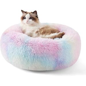 imageBedsure Calming Cat Beds for Indoor Cats  Small Cat Bed Washable 20 inches AntiSlip Round Fluffy Plush Faux Fur Pet Bed Fits up to 15 lbs Pets Aqua BlueMulti Color