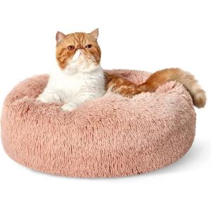 imageBedsure Calming Cat Beds for Indoor Cats  Small Cat Bed Washable 20 inches AntiSlip Round Fluffy Plush Faux Fur Pet Bed Fits up to 15 lbs Pets Aqua BluePink
