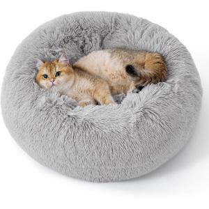 imageBedsure Calming Cat Beds for Indoor Cats  Small Cat Bed Washable 20 inches AntiSlip Round Fluffy Plush Faux Fur Pet Bed Fits up to 15 lbs Pets Aqua BluePale Grey