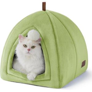 imageBedsure Cat Beds for Indoor  2 in 1 Cat Cave House Tent for Kittens and Small Pets with Removable Washable Cushioned Pillow Foldable Kitten Hideaway with NonSlip Bottom Beige 16 inchesGreen