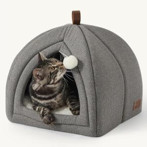 imageBedsure Cat Beds for Indoor  2 in 1 Cat Cave House Tent for Kittens and Small Pets with Removable Washable Cushioned Pillow Foldable Kitten Hideaway with NonSlip Bottom Beige 16 inchesGrey