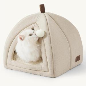 imageBedsure Cat Beds for Indoor  2 in 1 Cat Cave House Tent for Kittens and Small Pets with Removable Washable Cushioned Pillow Foldable Kitten Hideaway with NonSlip Bottom Beige 16 inchesBeige