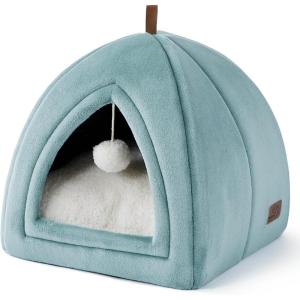 imageBedsure Cat Beds for Indoor  2 in 1 Cat Cave House Tent for Kittens and Small Pets with Removable Washable Cushioned Pillow Foldable Kitten Hideaway with NonSlip Bottom Beige 16 inchesOcean Blue