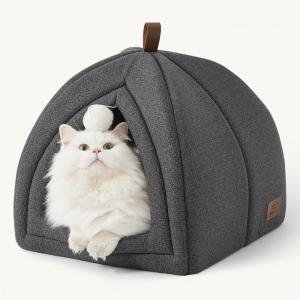 imageBedsure Cat Beds for Indoor  2 in 1 Cat Cave House Tent for Kittens and Small Pets with Removable Washable Cushioned Pillow Foldable Kitten Hideaway with NonSlip Bottom Beige 16 inchesDark Grey