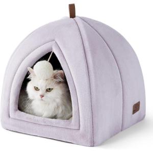 imageBedsure Cat Beds for Indoor  2 in 1 Cat Cave House Tent for Kittens and Small Pets with Removable Washable Cushioned Pillow Foldable Kitten Hideaway with NonSlip Bottom Beige 16 inchesPurple