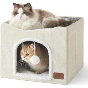 imageBedsure Cat Beds for Indoor Cats  Large Cat Cave for Pet Cat House with Fluffy Ball Hanging and Scratch Pad Foldable Cat Hideaway 165x165x13 inches Loden GreenIvory