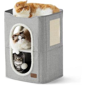 imageBedsure Cat Beds for Indoor Cats  Large Cat Cave for Pet Cat House with Fluffy Ball Hanging and Scratch Pad Foldable Cat Hideaway 165x165x13 inches Loden GreenGrey