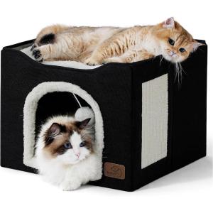imageBedsure Cat Beds for Indoor Cats  Large Cat Cave for Pet Cat House with Fluffy Ball Hanging and Scratch Pad Foldable Cat Hideaway 165x165x13 inches Loden GreenBlack