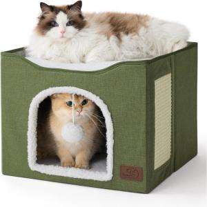 imageBedsure Cat Beds for Indoor Cats  Large Cat Cave for Pet Cat House with Fluffy Ball Hanging and Scratch Pad Foldable Cat Hideaway 165x165x13 inches Loden GreenLoden Green