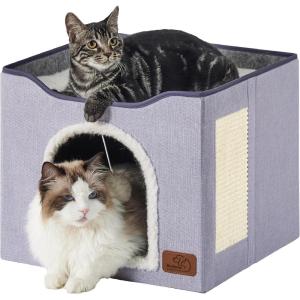 imageBedsure Cat Beds for Indoor Cats  Large Cat Cave for Pet Cat House with Fluffy Ball Hanging and Scratch Pad Foldable Cat Hideaway 165x165x13 inches Loden GreenCloud Purple