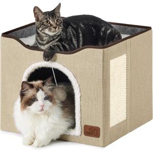 imageBedsure Cat Beds for Indoor Cats  Large Cat Cave for Pet Cat House with Fluffy Ball Hanging and Scratch Pad Foldable Cat Hideaway 165x165x13 inches Loden GreenBrown