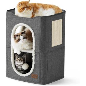 imageBedsure Cat Beds for Indoor Cats  Large Cat Cave for Pet Cat House with Fluffy Ball Hanging and Scratch Pad Foldable Cat Hideaway 165x165x13 inches Loden GreenDark Grey