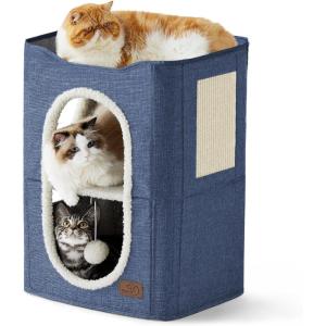 imageBedsure Cat Beds for Indoor Cats  Large Cat Cave for Pet Cat House with Fluffy Ball Hanging and Scratch Pad Foldable Cat Hideaway 165x165x13 inches Loden GreenBlue