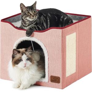 imageBedsure Cat Beds for Indoor Cats  Large Cat Cave for Pet Cat House with Fluffy Ball Hanging and Scratch Pad Foldable Cat Hideaway 165x165x13 inches Loden GreenPink