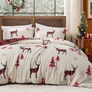 imageBedsure Christmas Comforter Set Queen  Christmas Bed Set with Festival Forest Soft Bedding for Holiday 3 Pieces 1 Soft Trees Printed Comforter and 2 Pillow Shams01  Red Reindeer