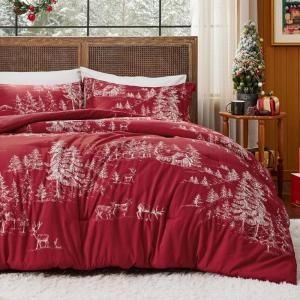 imageBedsure Christmas Comforter Set Queen  Christmas Bed Set with Festival Forest Soft Bedding for Holiday 3 Pieces 1 Soft Trees Printed Comforter and 2 Pillow Shams06  Red Forest