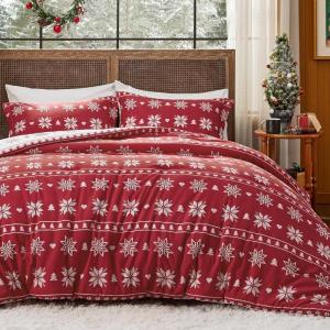 imageBedsure Christmas Comforter Set Queen  Christmas Bed Set with Festival Forest Soft Bedding for Holiday 3 Pieces 1 Soft Trees Printed Comforter and 2 Pillow Shams02  Red Snowflake