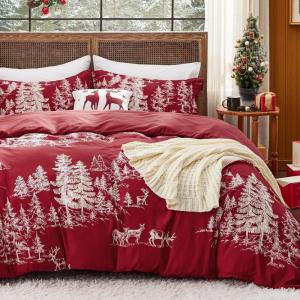 imageBedsure Christmas Duvet Cover Queen  Holiday Bedding Collection with a Festive Pattern Includes 1 Duvet Cover and 2 Pillow Shams Queen Gift Design08  Red Forest No Comforter